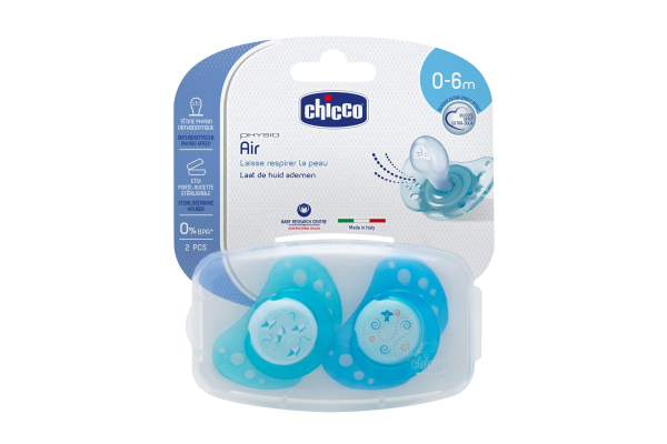 Sucette Physio Air Silicone Bleu 0-6mois 2pc Chicco – P'tit Bout'Chou